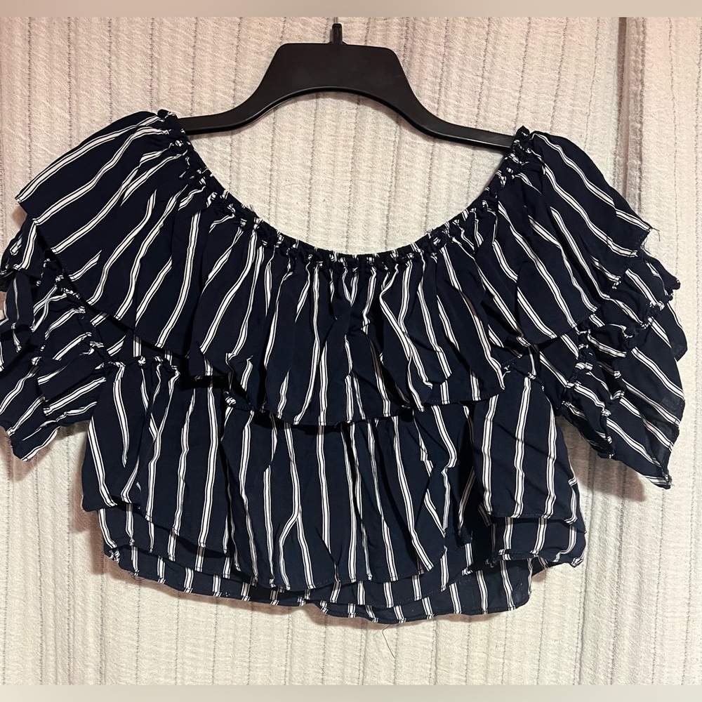 American Threads Navy and White Striped Off-Shoulder Crop Top